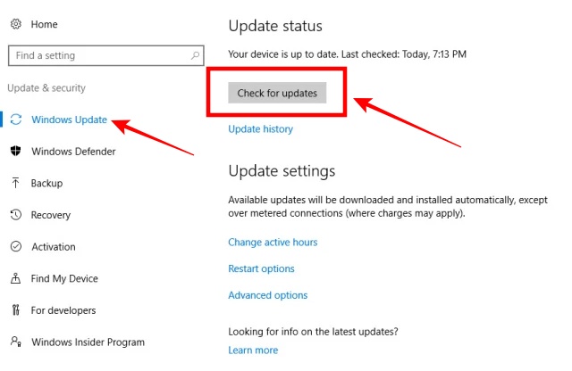 Check updates Windows 10